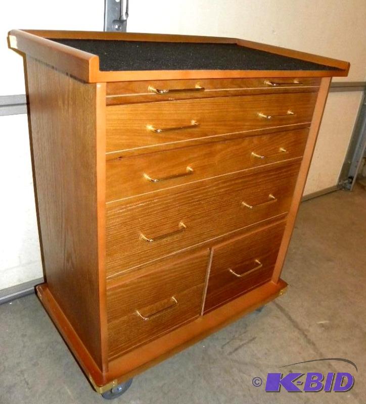lot 60 image: Rolling Storage Cabinet, ash veneers, oak fin...