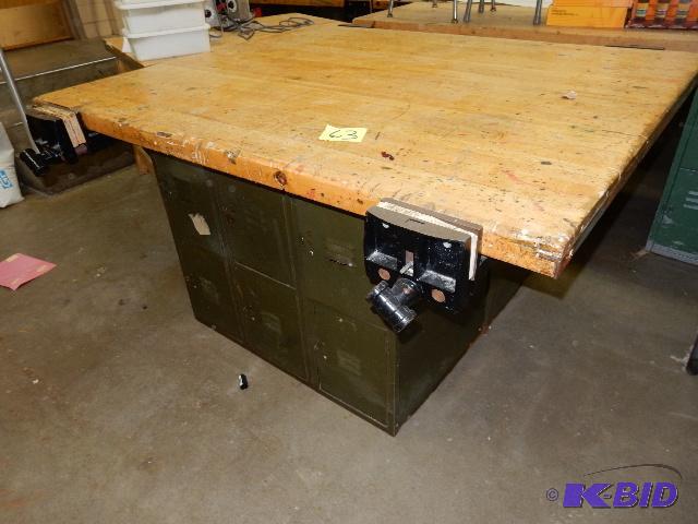lot 63 image: Work Bench with 4 wood vises