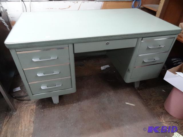 lot 16 image: Vintage metal office desk. 5 drawer. 55 x 30 ...