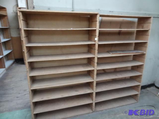 lot 32 image: Misc wood shelving units. Buyer to disassembl...