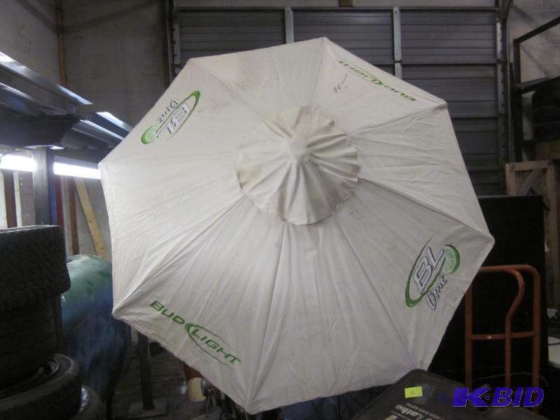 lot 11 image: Bud Light Lime canvas and wood base umbrella,...