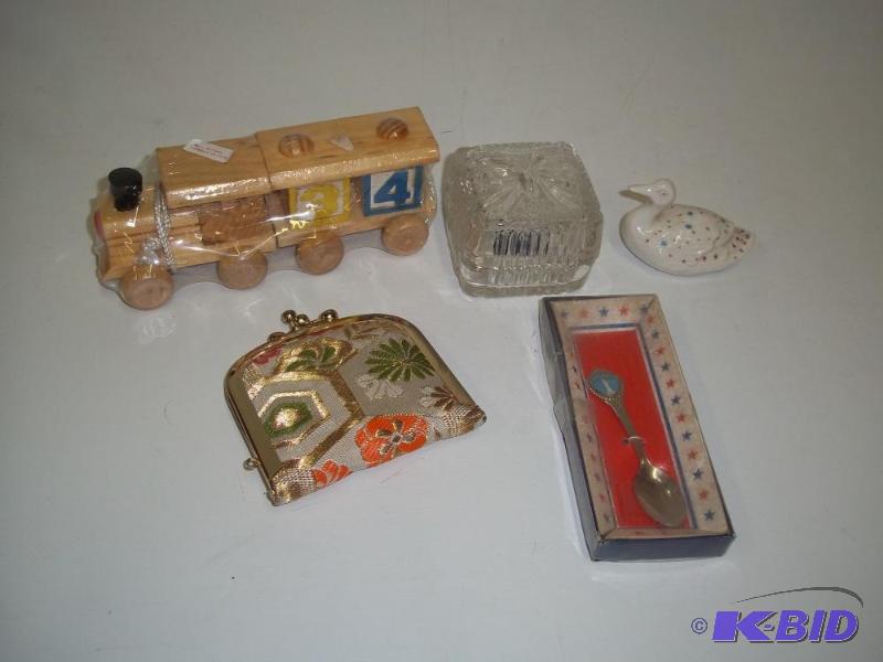 Toy wood train, decor spoon, goose and glass ...