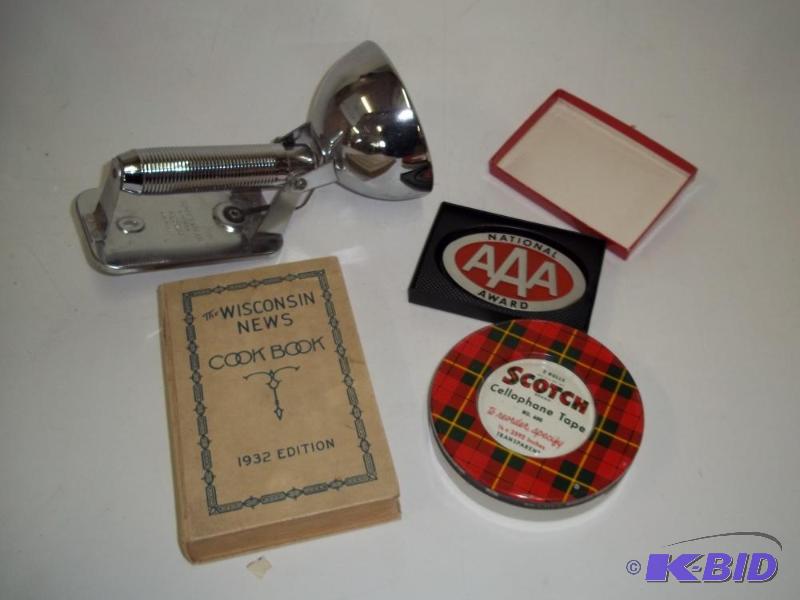 Cookbook, Scotch tape tin, AAA plaque and fla...