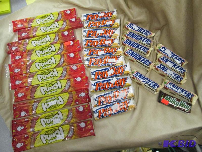 lot 46 image: Qty 30 pkg of Sour Punch Straws, Payday, Snic...