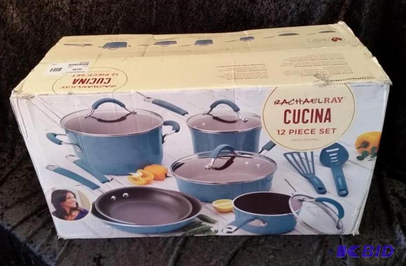 lot 13 image: Rachael Ray Cucina 12 pc. Nonstick Cookware Set.  New in Box Teal Blue