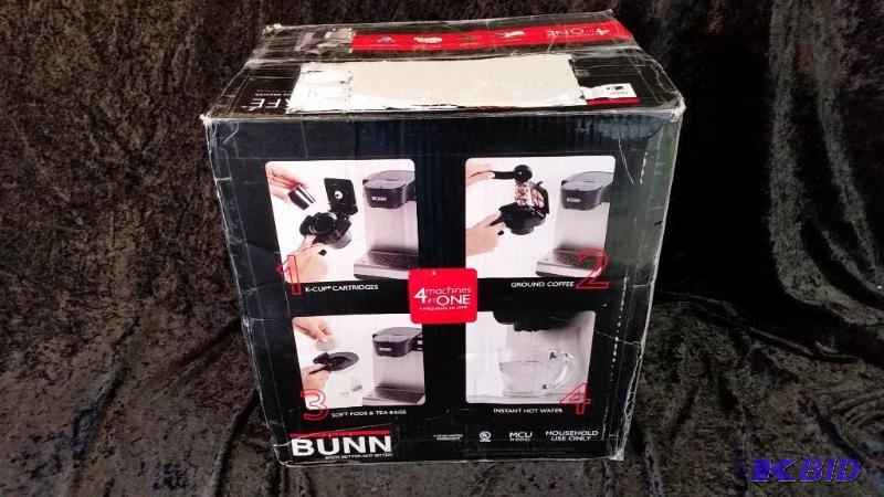 lot 5 image: Bunn My Cafe Single Cup Multi Use Brewer.  New in Box.  Was a customer return.  Box damaged.