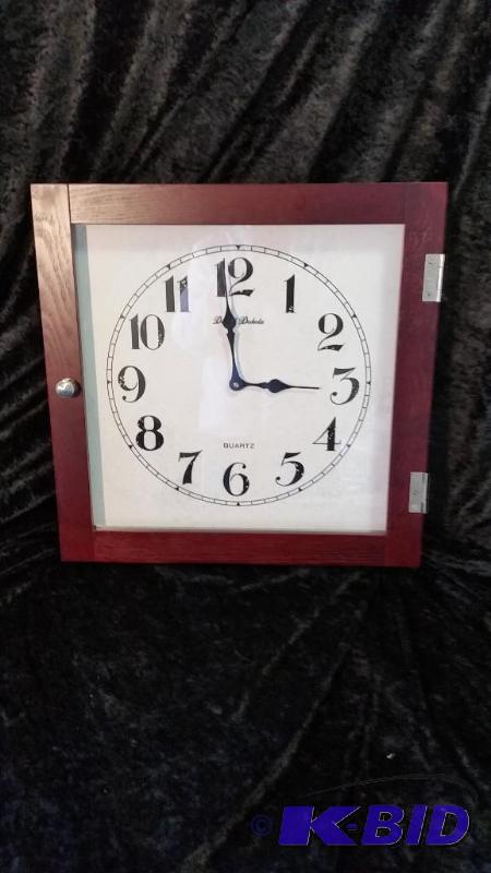 lot 50 image: Up Cycle.  Repurposed Clock Face made out of a Cabinet Door.  Cherry Stained Wood.  Silver Knob.