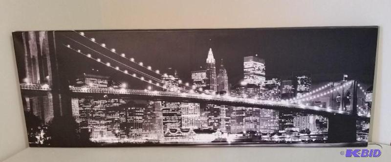 lot 54 image: Large Night Photo of the Brooklyn Bridge.  Black and White Photo Stretched on Canvas.