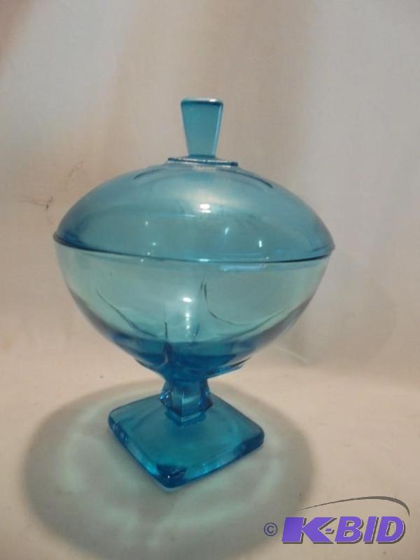 Vintage 6 inch aqua blue depression glass can...