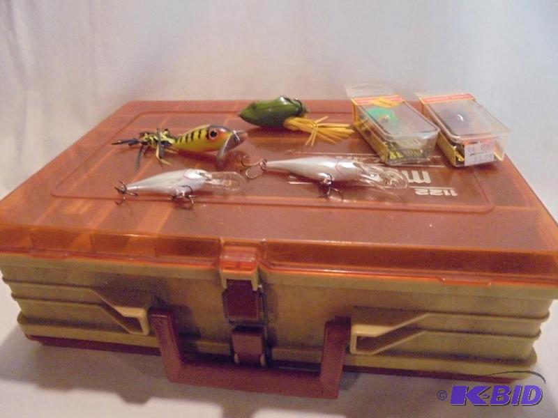 Tackle box with new and used lures, (3) in pa...