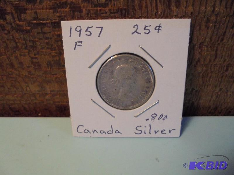 1957 25 cent Canadian .800 silver coin in fin...