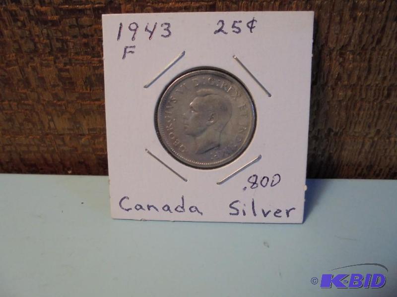 1943 25 cent Canadian .800 silver coin in fin...