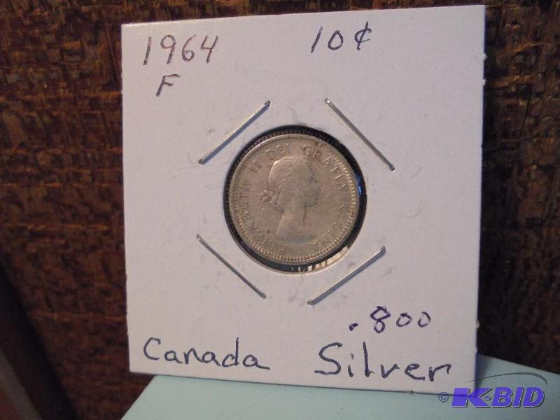 1964 10 cent Canadian .800 silver coin Fine c...
