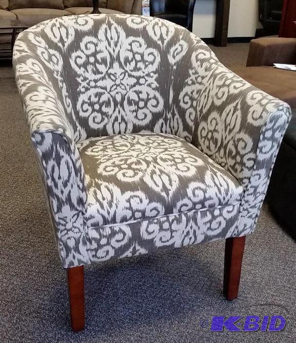 Tan Ikat Accent Chair.  New out of Box.  Assembled  Beautiful Upholstery Fabric.  Tan and Cream.