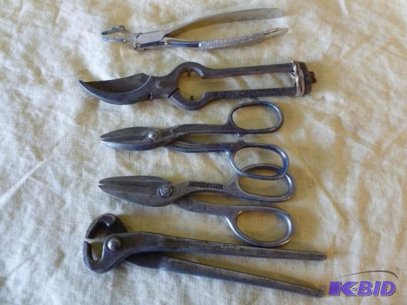 Lot of five metal shear or snip tools....