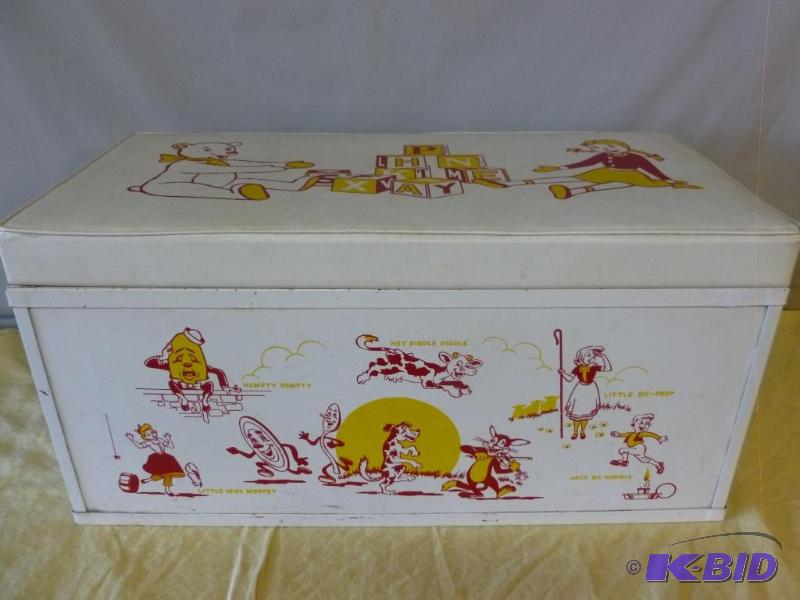 Vintage flip lid vinyl upholstered toy box th...