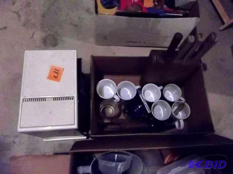 Box Lot Of Coffee Mugs, Coffee Maker, Knife B...