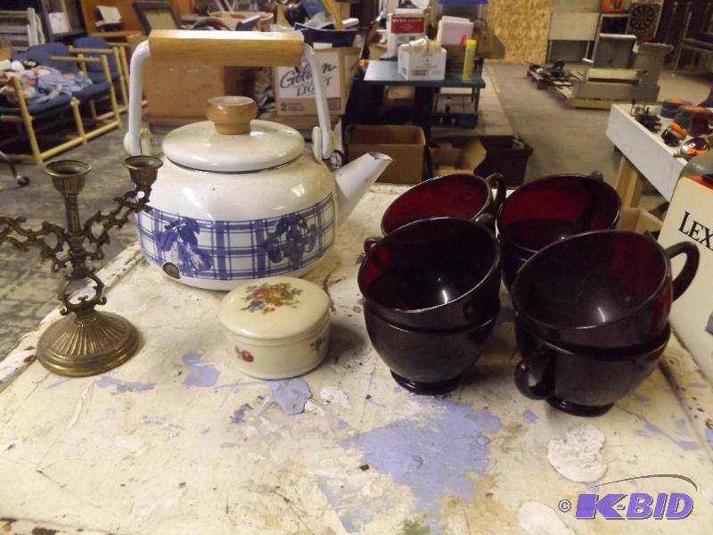 red glass coffee cups, tea pot, candle holder...