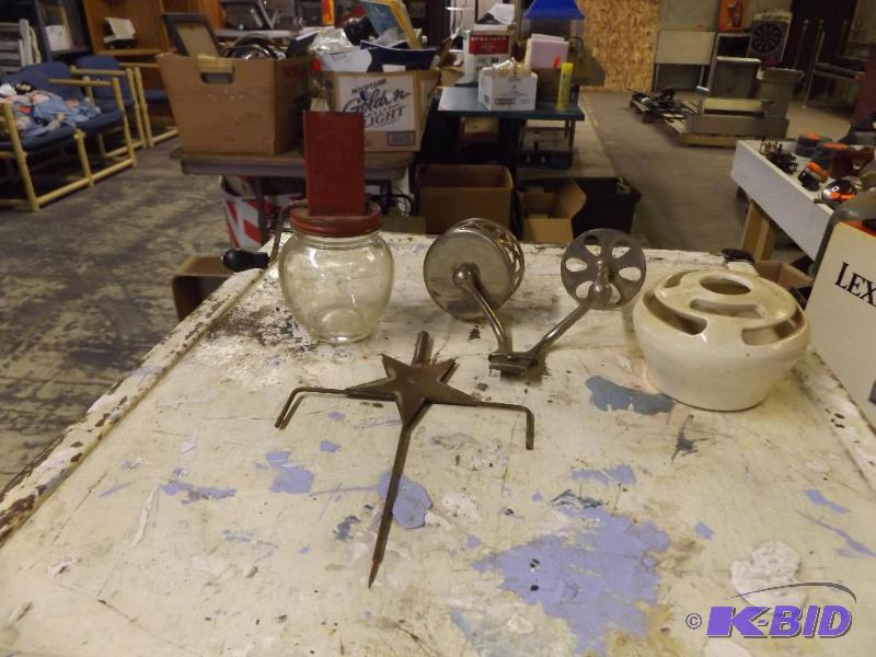 misc lot, nut grinder, candle holder...