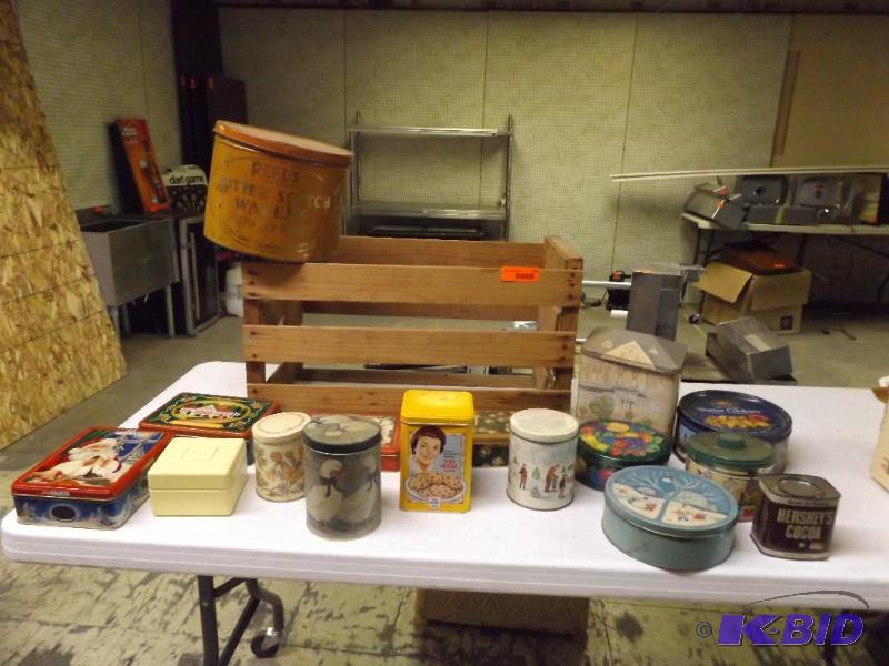 Lot of Tin cans and wooden crate...