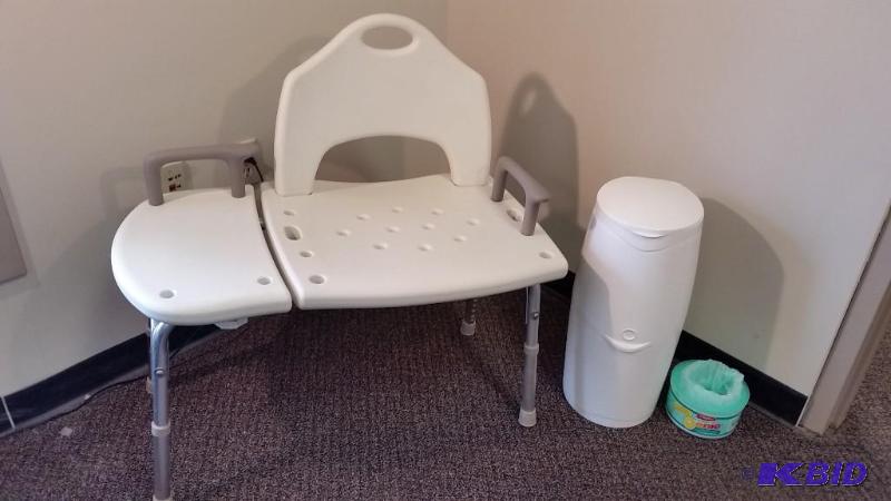 lot 2 image: Extra Wide Shower Chair with Back and Adjustable Legs.  Also A Clean Diaper Genie.  Both Used