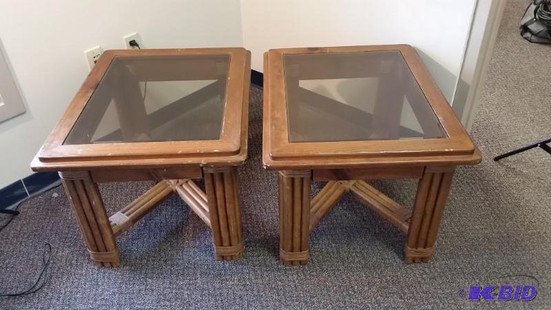 lot 6 image: Pair Of Wood And Glass Coffee Tables.  Great Project pieces.  Solid Wood and wood Veneers
