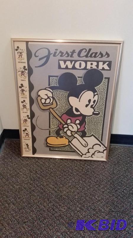 lot 8 image: Vintage Like Mickey Mouse Poster Hard at Work with Gold Frame.