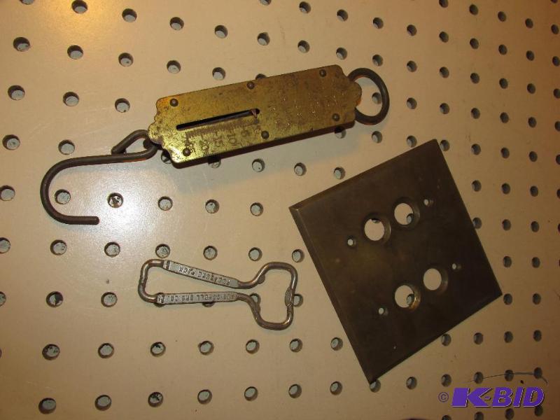 lot 119 image: Hanging Scale, Brass Light Plate, and a Bottle Opener