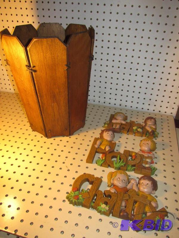 lot 57 image: Vintage Wooden Wastebasket - Faith, Hope, and Charity