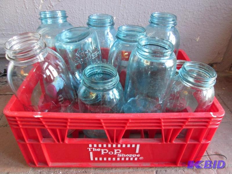 lot 14 image: Lot of assorted Ball Blue glass Mason jars in...