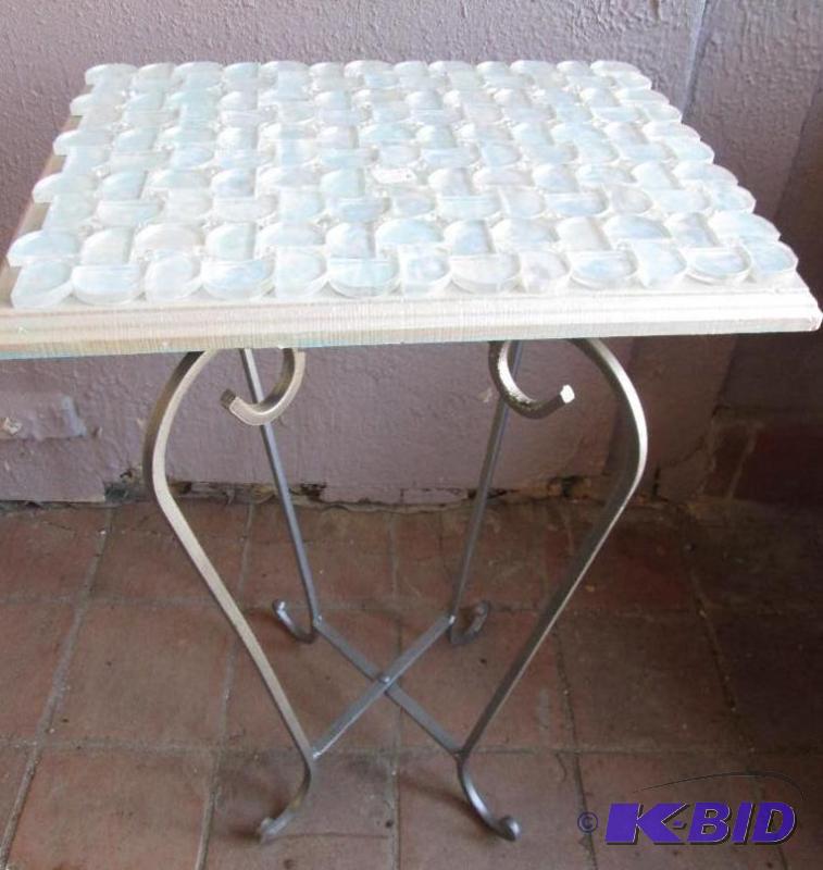 lot 15 image: Metal base table with glass tile top, 22 inch...