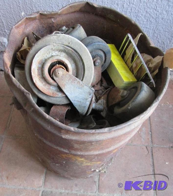 lot 161 image: Vintage metal pail with assorted caster wheel...