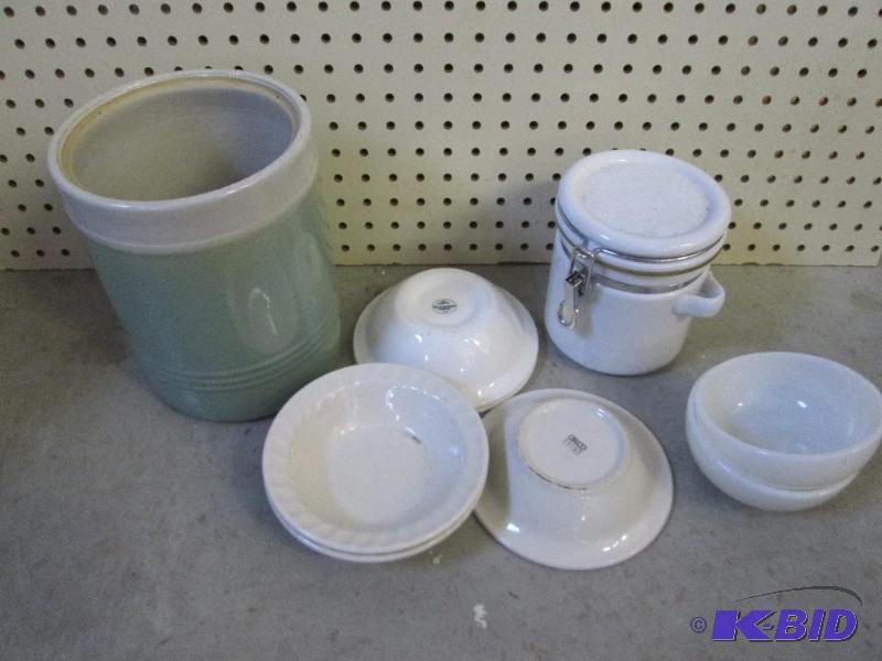 lot 199 image: Light green crock, sealed jar, and bowls...