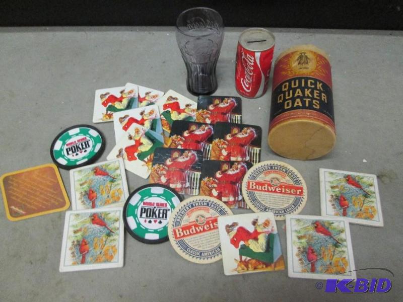 lot 201 image: Cocacola coasters, coin bank, glass, and othe...