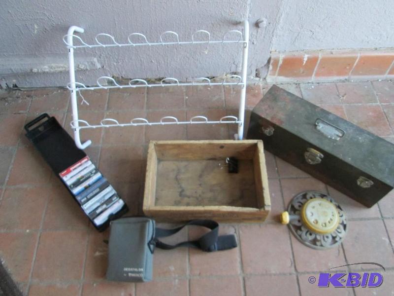 lot 237 image: Tool box, shoe rack, wood crate, sprinkler, c...