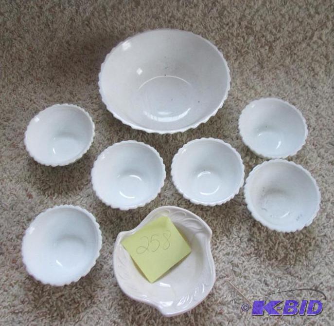 lot 258 image: 7 piece white bowl set, 6 soup bowls and 1 la...
