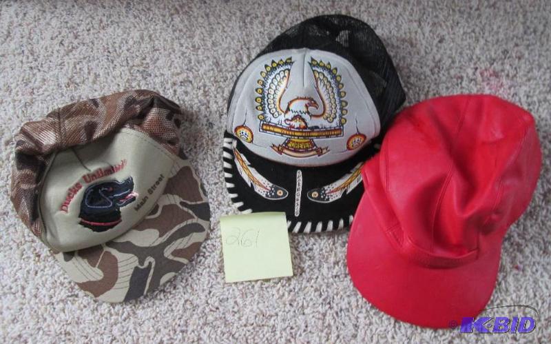 lot 261 image: lot of 3 hats, red lether feel,fly in the s...