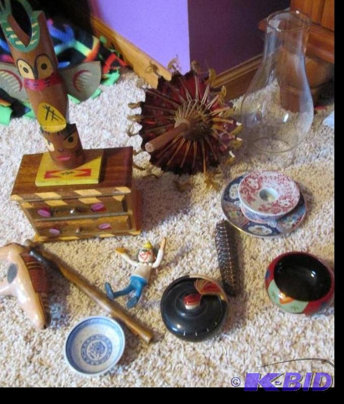 lot 277 image: wooden decoration, vase, and small umbrella (...