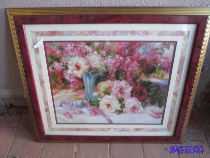 lot 33 image: Framed floral print, 24 x 28 inches...