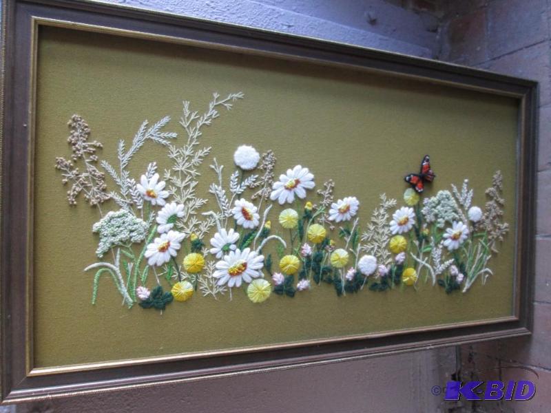 lot 35 image: Hand stitched floral with butterfly scene on ...