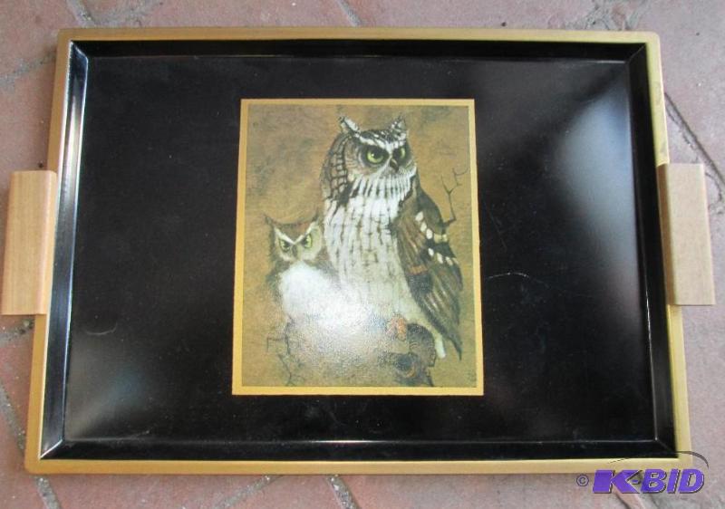 lot 37 image: Owls on a metal serving tray with wood handle...