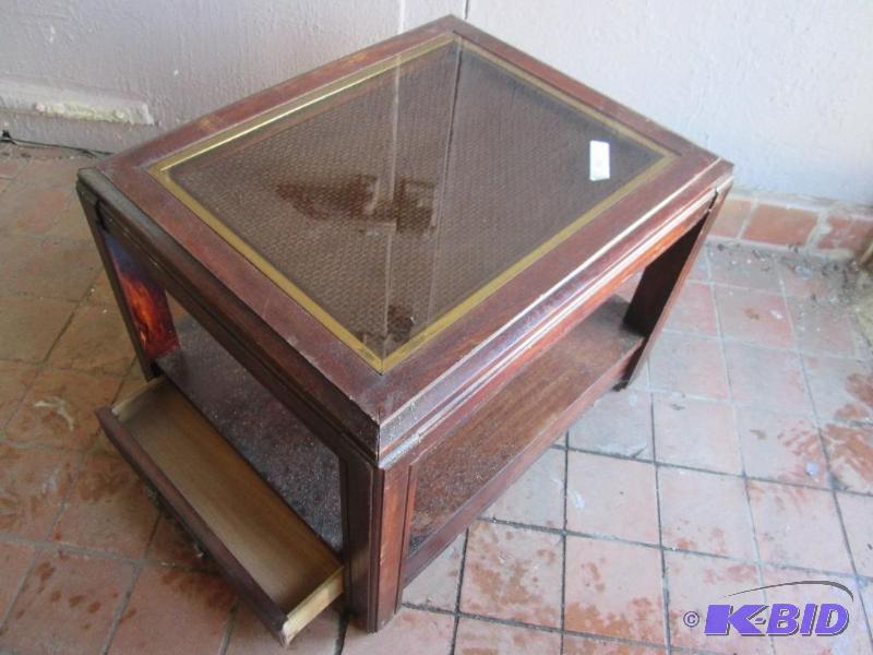 lot 44 image: Vintage glass top table, 27 x 22 and 20 inche...