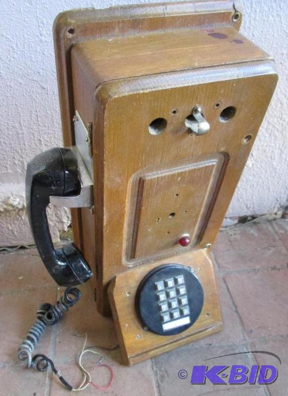 lot 50 image: Push button phone on wood base, unique vintag...