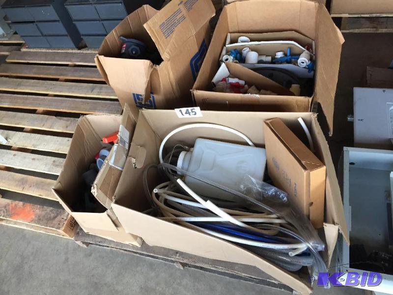 lot 145 image: Pallet lot of misc. plastic tubing, PVC valve...