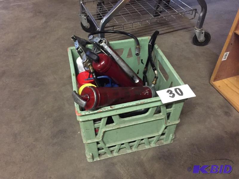 lot 30 image: Milk crate with 4 heavy duty grease guns and ...