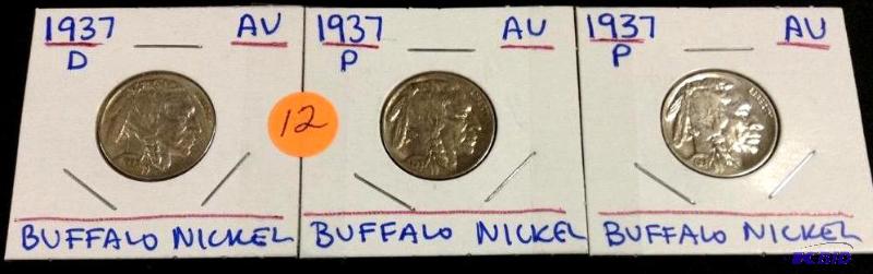 1937-D, 1937-P and 1937-P Buffalo Nickels AU
