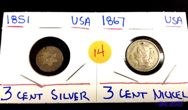 1851 Three Cent Silver and 1867 Three Cent Nickel