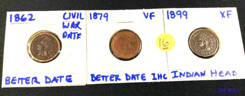 1862 Civil War Dated, 1879 & 1899 Indian Head Cents