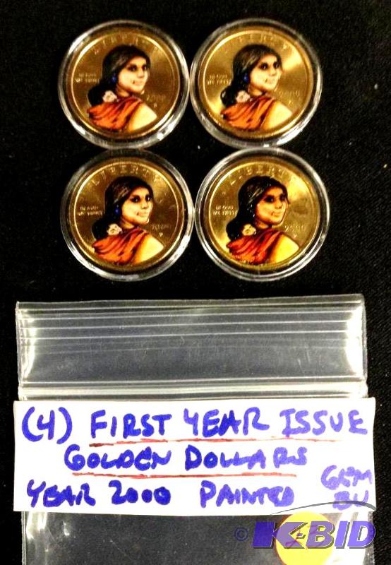 (4) 2000-P First Year Issue Golden Dollars Painted Gem BU