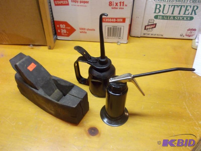 1-Old Wood Plane, 2-Oil Cans...